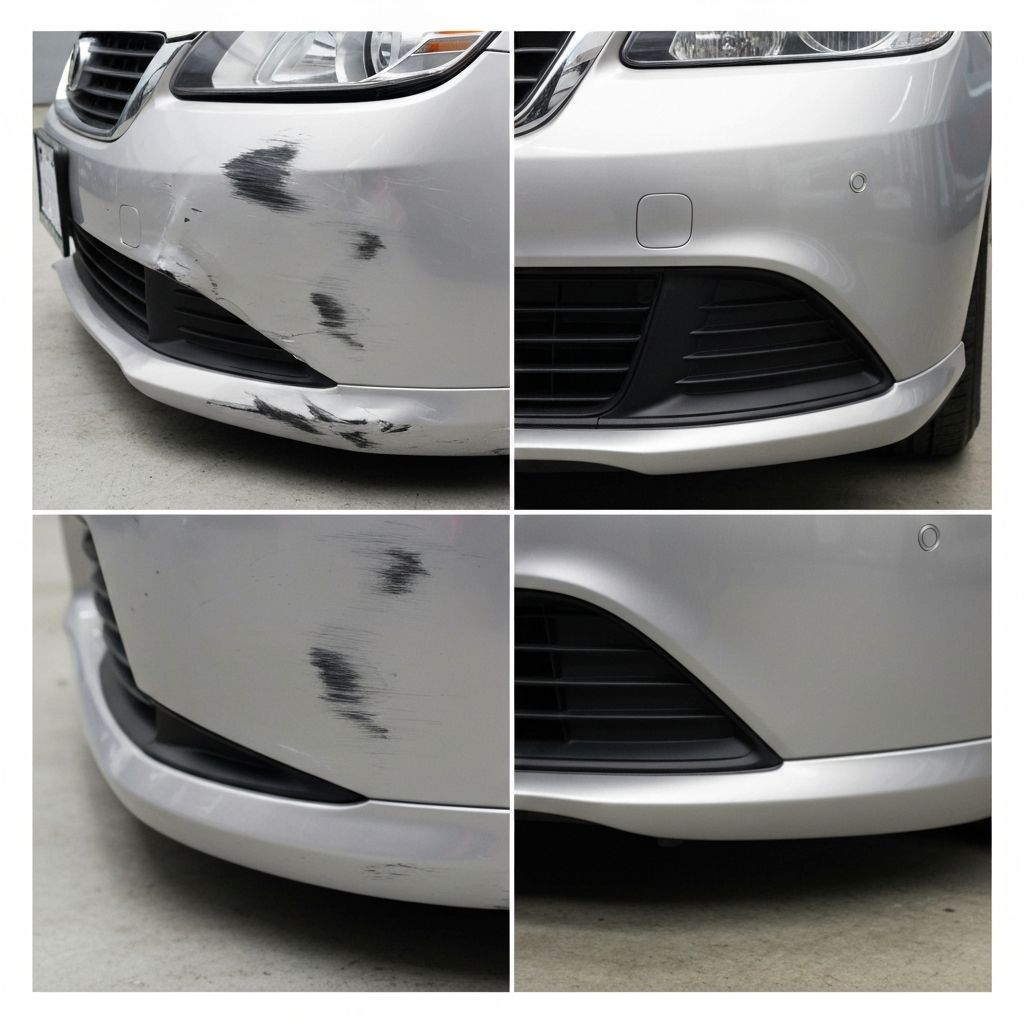 Automotive bumper dent repair showing restored smooth surface
