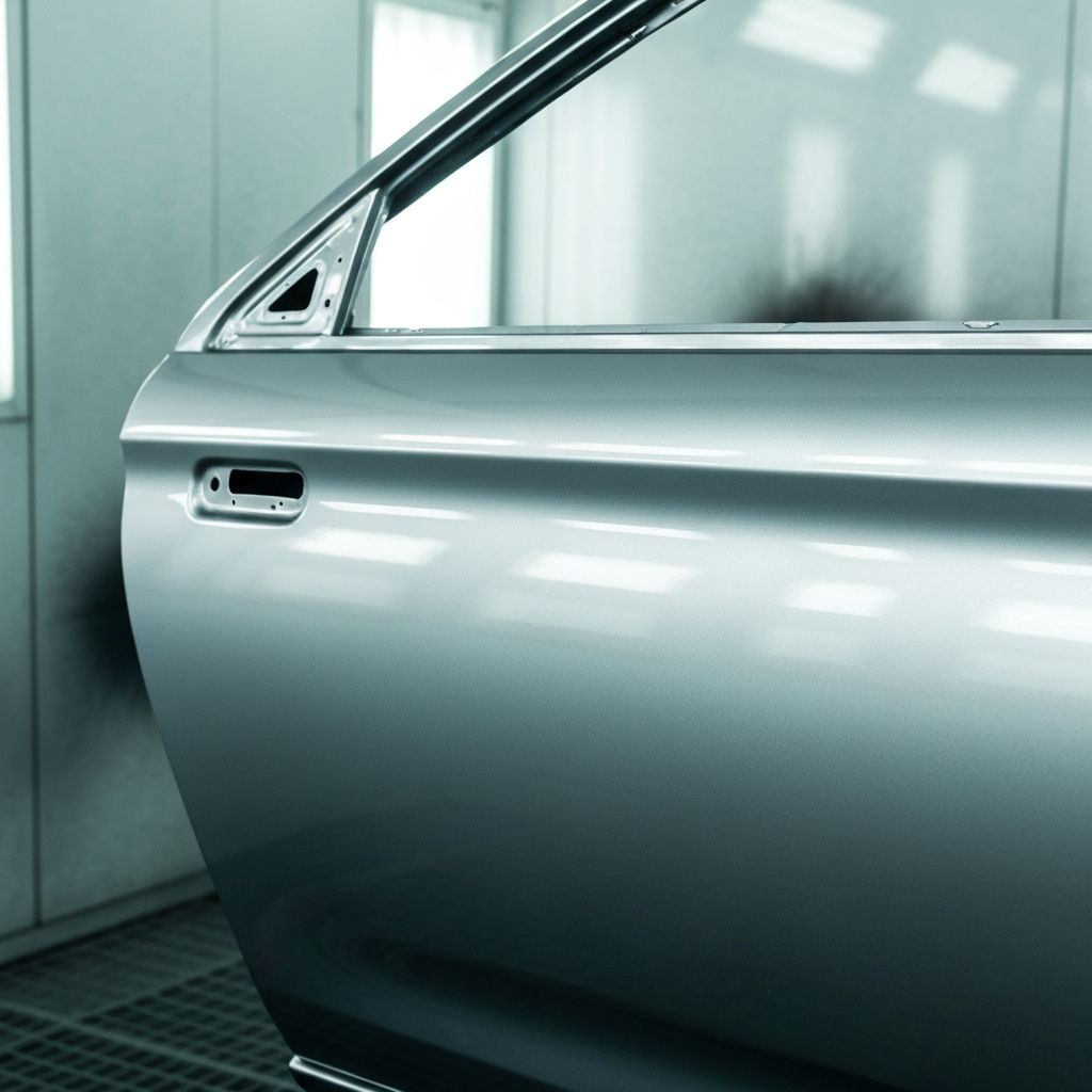 Freshly spray-painted car panel with a smooth, glossy automotive finish